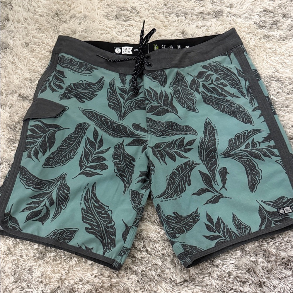 Salty Crew Black and Green Leaf Print Board Shorts